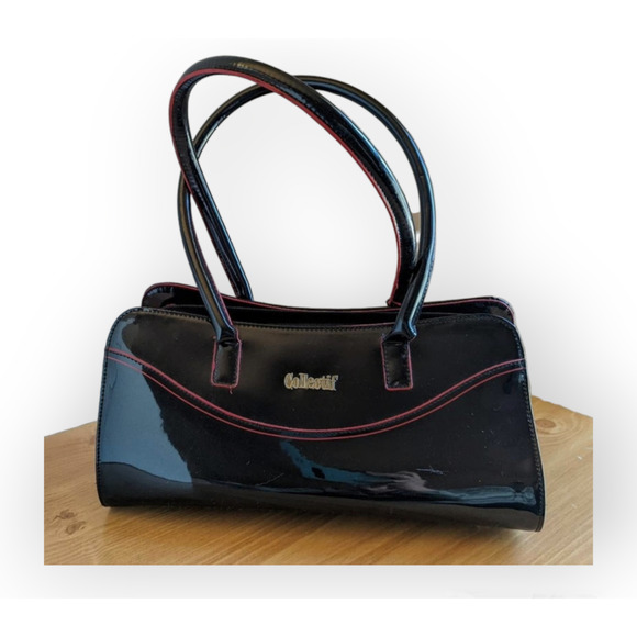 Collectif London 1950s Inspired Black Patent Leather Top Handle Barrel Bag Purse - Picture 1 of 12